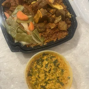 Jollof Rice Meal with Goat and Egusi Soup