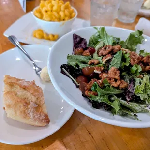 Famous house salad with a side of mac and delicious bread &amp; butter.