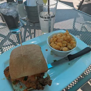 Buffalo chicken sandwich with Mac and cheese and a lemonade (freshly made in house)