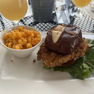 Pretzel Chicken Sandwich with side of Mac and Cheese
