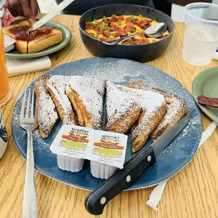 French toast, bacon, and loaded grits
