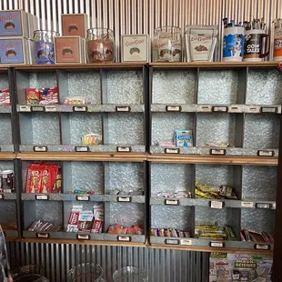 a shelf full of candy