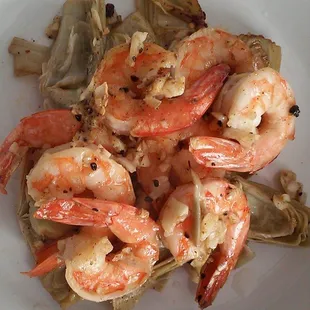 shrimp and artichokes on a plate