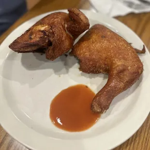 He had a giant portion of beautiful fried onion rings with this not pictured .. he raved said it was the most moist fried chicken!