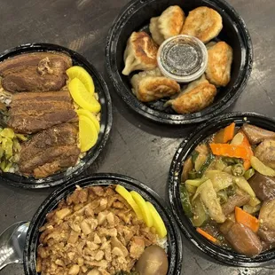 Roast Pork Belly Over Rice, Eggplant with Garlic Sauce, Vegetable Dumplings