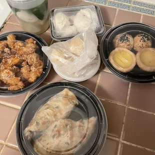 Sesame Chicken, Fried Sesame Ball, Crispy Pancake Wrap with Pork, Pork Dumpling Soup, Red Bean Egg Yolk Pastry