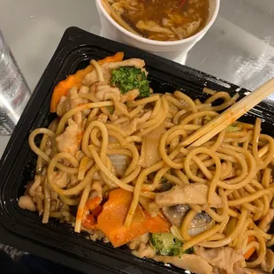 Chicken low mein and hot and sour soup
