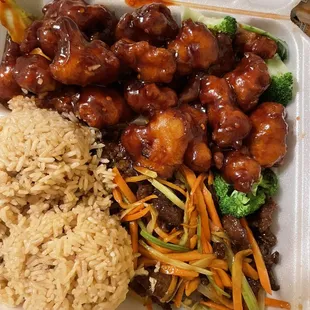 General Tsao 's Chicken and Beef Szechuan Style with Plain Fried Rice