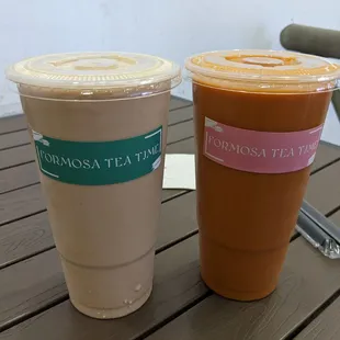 L-R: Almond Milk Tea, $3.75 + large size $1.50, prior to tax. Tiger Milk Tea, $3.75 +  large size $1.50, prior to tax