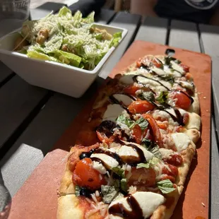 Margarita flatbread and caesar salad
