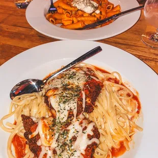 Chicken parm (front), pasta forno (back)