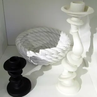 cast resin rope bowl and candlesticks
