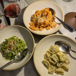 agnolotti di coda alla vaccinara, farfalle rosso and trofie