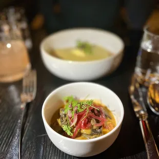 a bowl of soup on a table