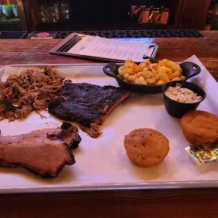 3-meat combo with ribs upgrade and mac and cheese