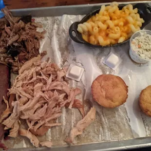 Smoked Meat Combo (chicken, pork and brisket) with Mac 'N' Cheese.