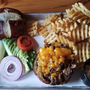 Burger with cheese and pulled pork.