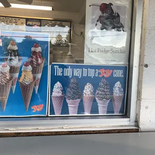 ice cream cones in a window
