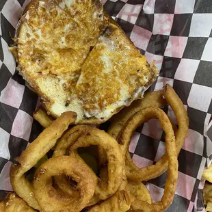 Grilled cheese and onion rings, it's really cheesy..