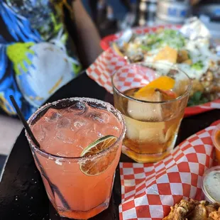 a table of food and drinks