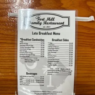 Late breakfast menu