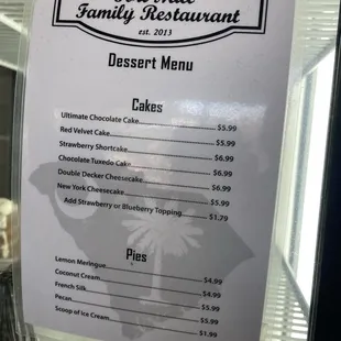 Dessert menu