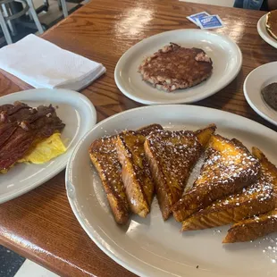 French Toast with 2 Eggs and Bacon Breakfast with a side or corn beef Hash