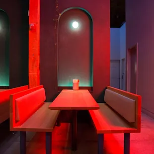 a table and benches in a restaurant