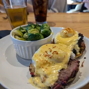 Brisket eggs Benedict with Brussel sprouts