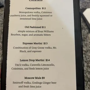 Cocktail menu