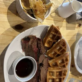 Brisket &amp; Waffles with a side of potatoes au gratin