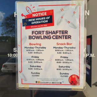 Fort Shafter Bowling Hours as of March 21 2024.
