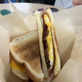 Breakfast sandwich with bacon. Breakfast is served all day. Kitchen closes at 8pm