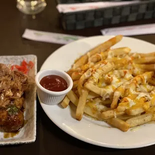 Takoyaki and Spicy Cheese Fries.