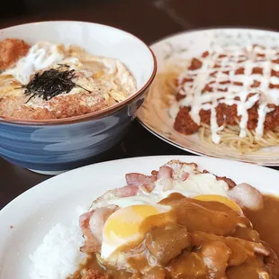 Katsu Don, Spaghetti with Meat Sauce and Garlic Mayonnaise, and Beef Curry with Chicken Cutlet, Hamburger, bacon, and egg