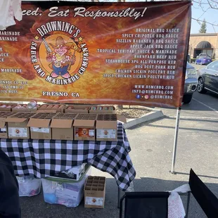 a table with boxes of food