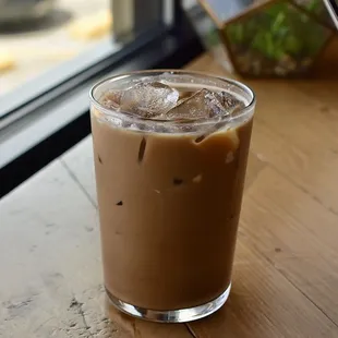Iced latte w/ oat milk and mocha syrup ($4.95)