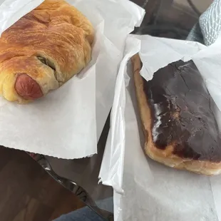 a hot dog and a pastry