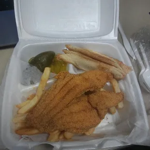 2 piece boneless catfish basket with fries, toast and pickes included. Total w/ tax $7.57