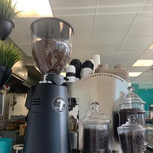 a coffee grinder and coffee beans