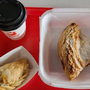 COFFEE ,  CHICKEN EMPANADA, &amp; PANOLETA GUAVA AND CHEESE.
