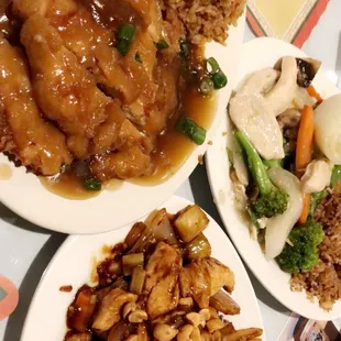 three plates of food on a table