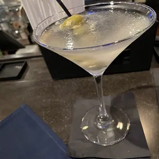 Dirty vodka martini with Bleu cheese stuffed olives