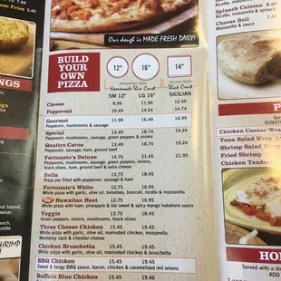 the menu for fortunato brothers pizza