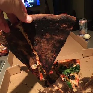 a hand holding a slice of pizza