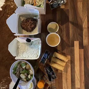 Pea pod beef with rice, pork egg foo yong (4 patties), chicken lo mein, 2 order vegetable egg roll (3 per order)