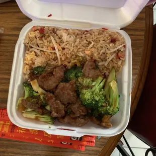 Beef with Broccoli and Pork fried rice