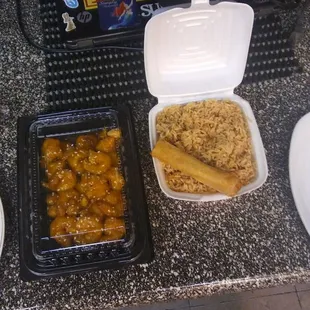 Sesame Shrimp, Veggie roll and fried rice (ordered through DoorDash).