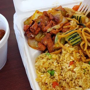 Orange chicken, kung pao, Thai curry with rice and noodles