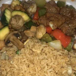 Fried rice, black pepper beef and mushroom chicken.